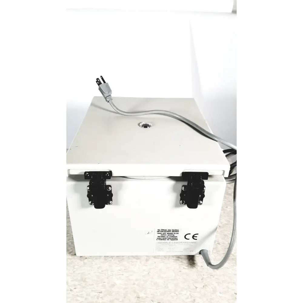 White rectangular Labnet Hermle Z 200 A centrifuge with black latches and gray power cord for reuse medical labs