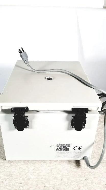White rectangular Labnet Hermle Z 200 A centrifuge with black latches and gray power cord for reuse medical labs