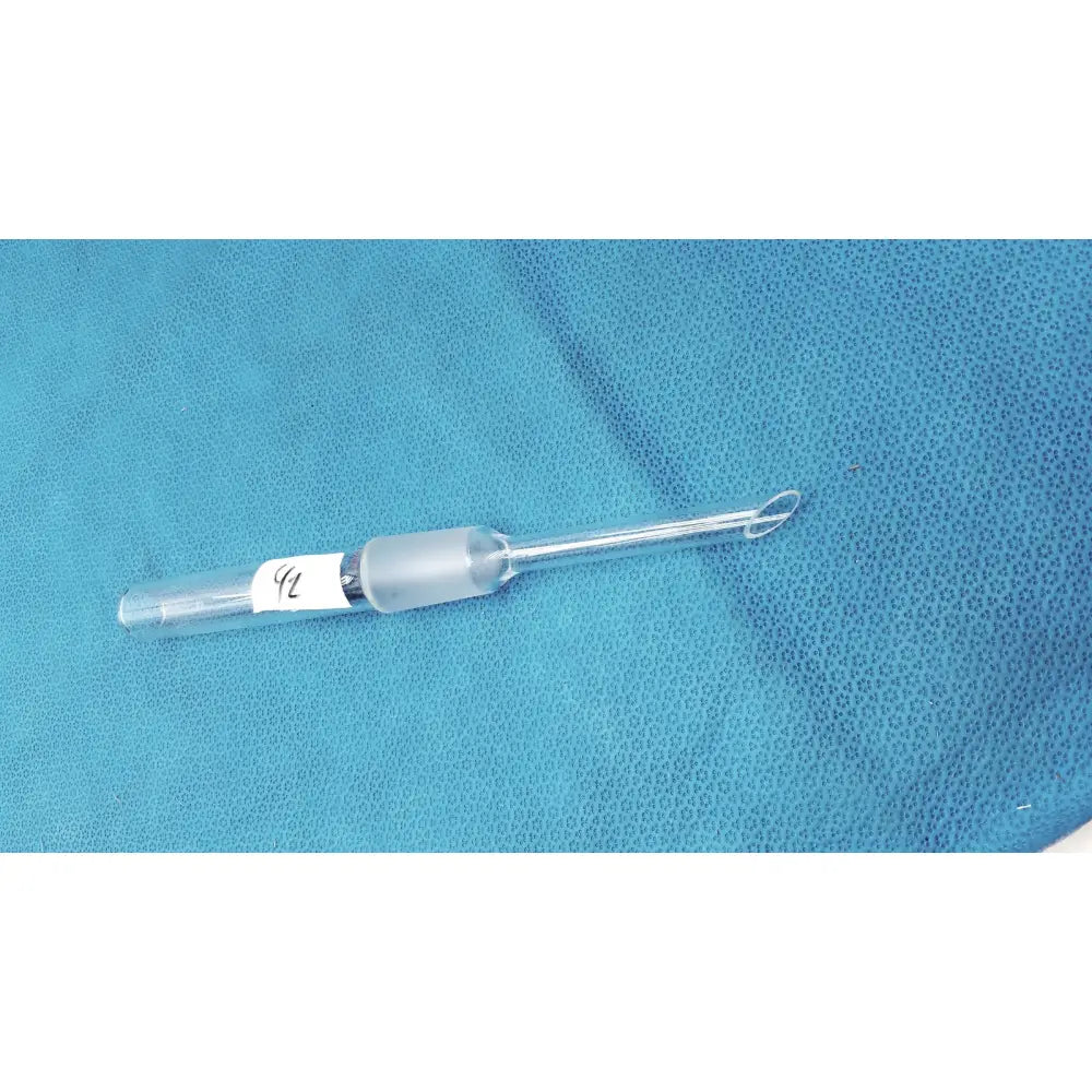 Clear glass laboratory glassware thermometer joint adapter with frosted joint and looped tip marked 2 on its side
