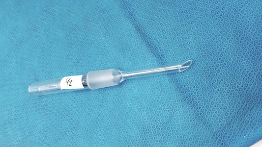 Clear glass laboratory glassware thermometer joint adapter with frosted joint and looped tip marked 2 on its side