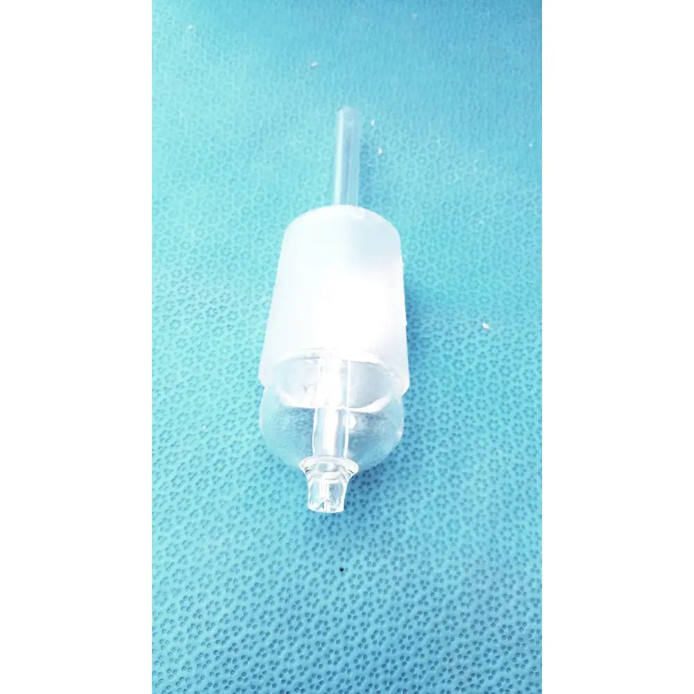 Transparent plastic laboratory stopper with cylindrical air filter and two tubes featuring standard taper fit