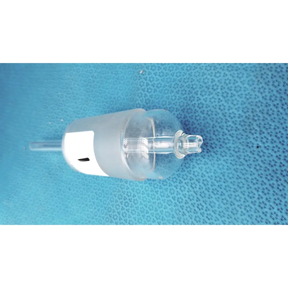 Clear laboratory stopper with standard taper fit, frosted white base, glass bulb, and integrated side tube for chemical resistance