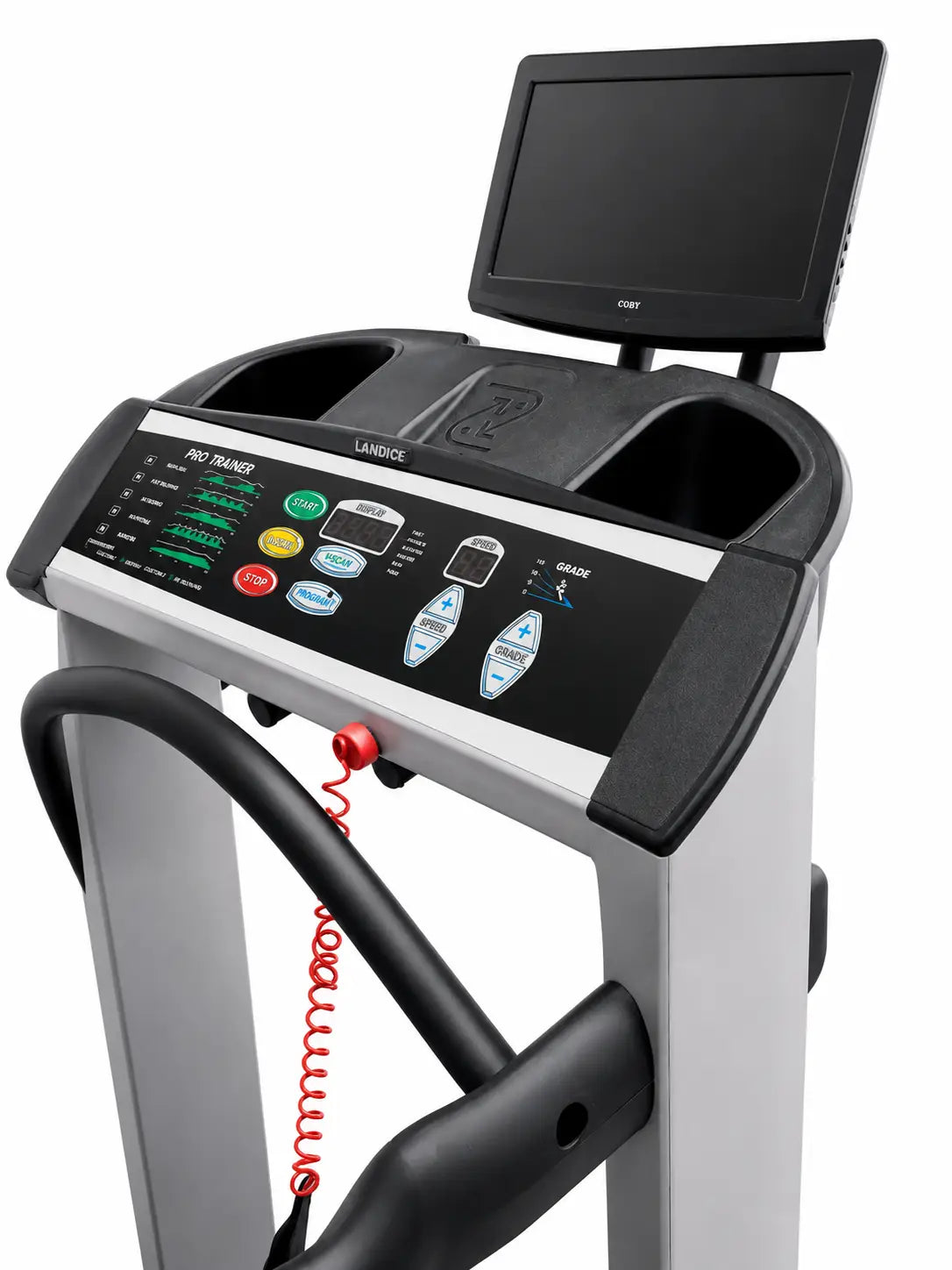 Landice l8 executive rehabilitation treadmill in black and silver with built-in monitor and red emergency stop cord