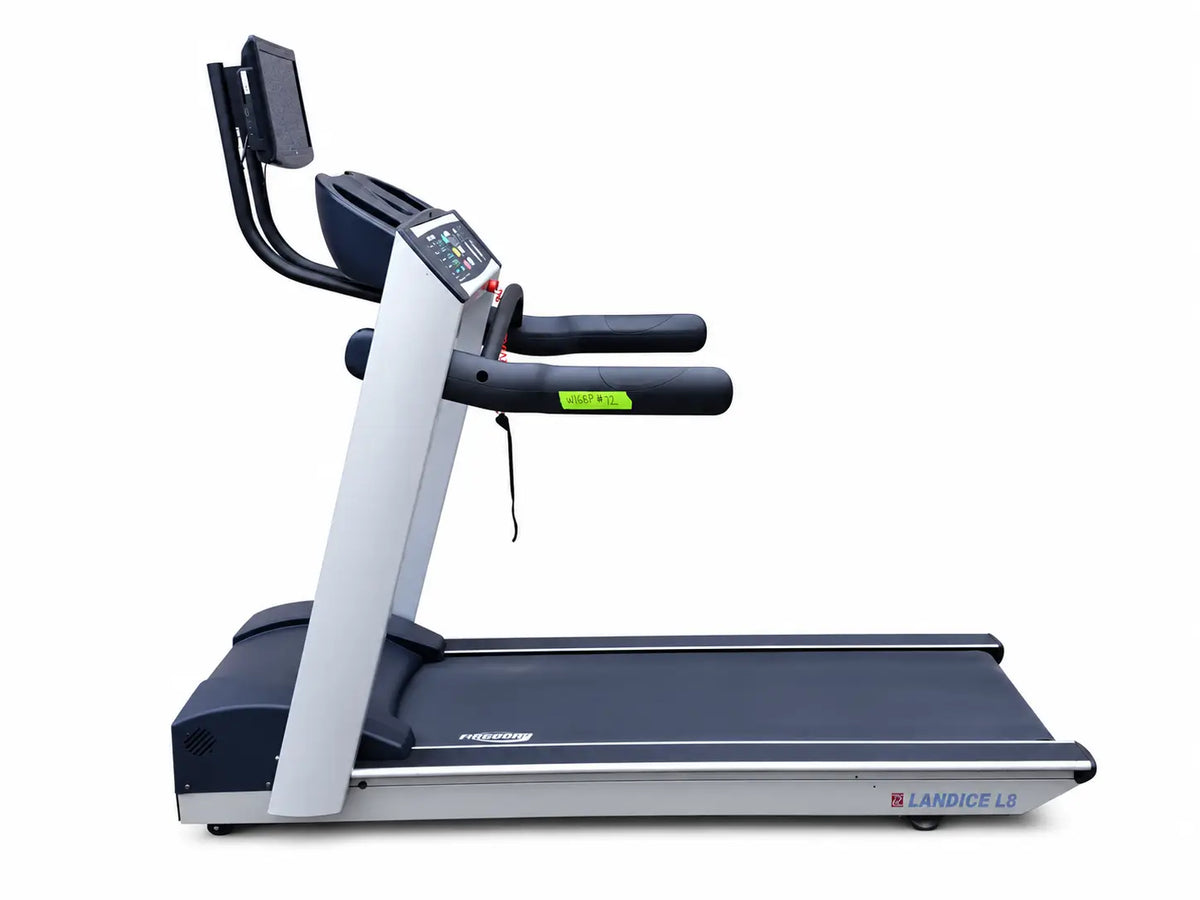 Silver and black landice l8 executive rehabilitation treadmill with large running surface and digital display screen