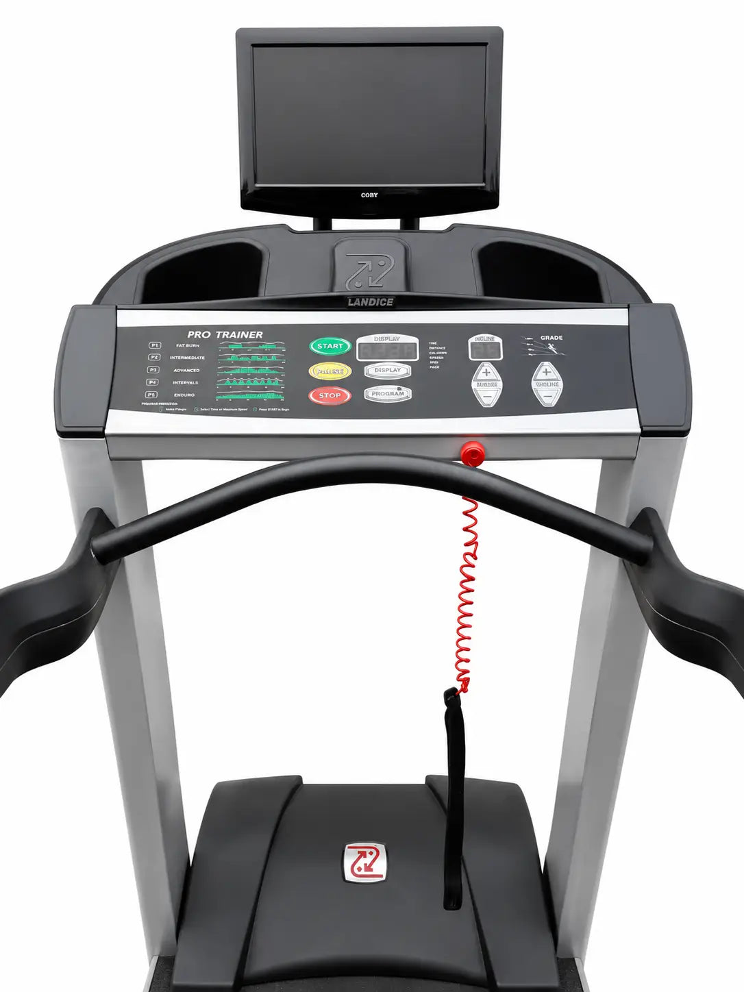 Black and silver Landice L8 executive rehabilitation treadmill with large running surface, small monitor, colorful buttons, and red safety cord