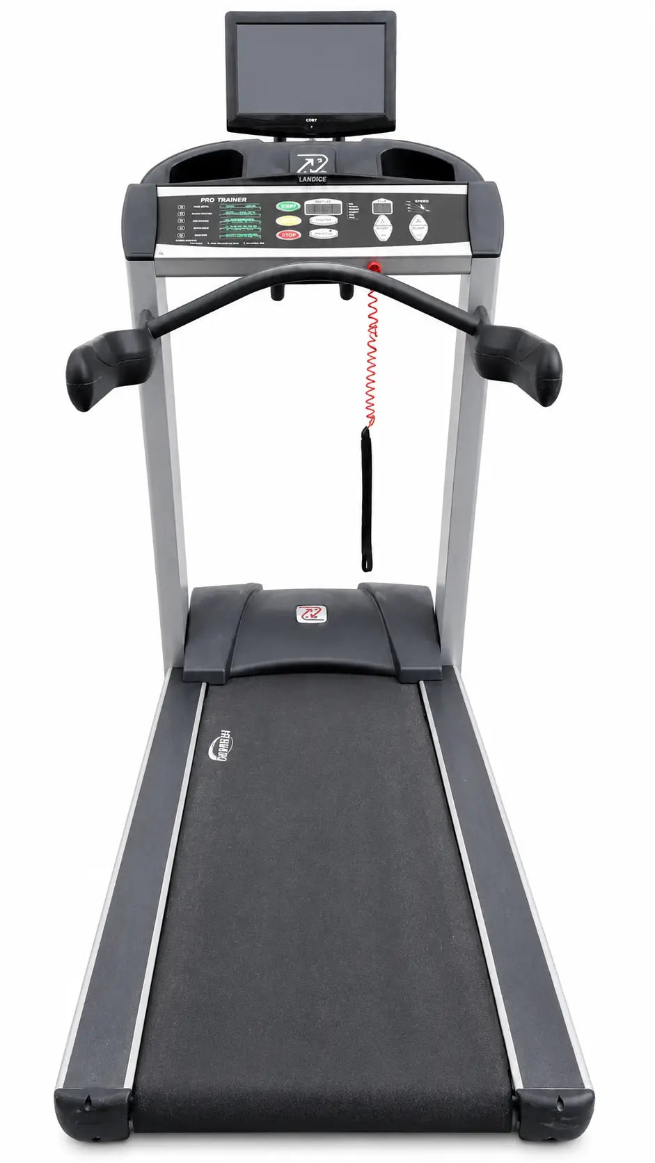 Black and silver landice l8 executive rehabilitation treadmill with digital display and large running surface on console