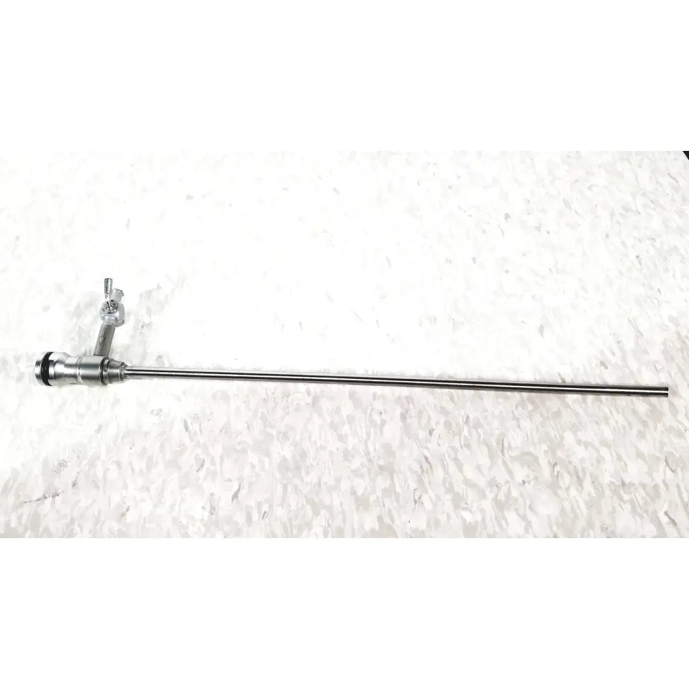 Silver laparoscopic hysteroscopy diagnostic sheath endoscope with a slender metallic shaft and complex jointed head assembly