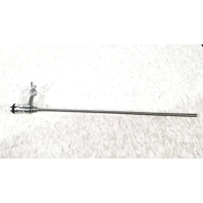 Silver laparoscopic hysteroscopy diagnostic sheath endoscope with a slender metallic shaft and complex jointed head assembly