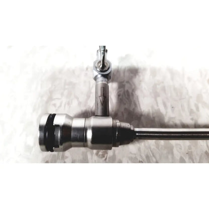 Silver laparoscopic hysteroscopy diagnostic sheath endoscope with cylindrical body, black rubber seal, and directional arrow