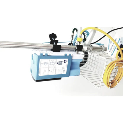 Blue and white leica eg1150h embedding center with metallic rod and instructional diagrams on side panel for lab use