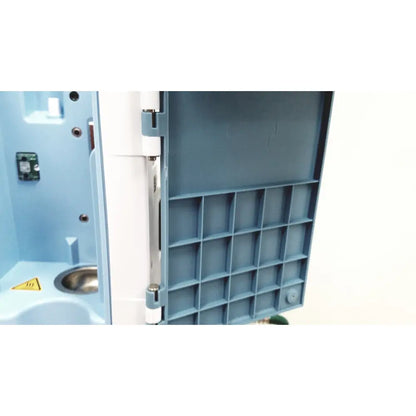 Blue plastic compartmentalized storage tray with white hinge and metallic latch for leica eg1150h embedding center