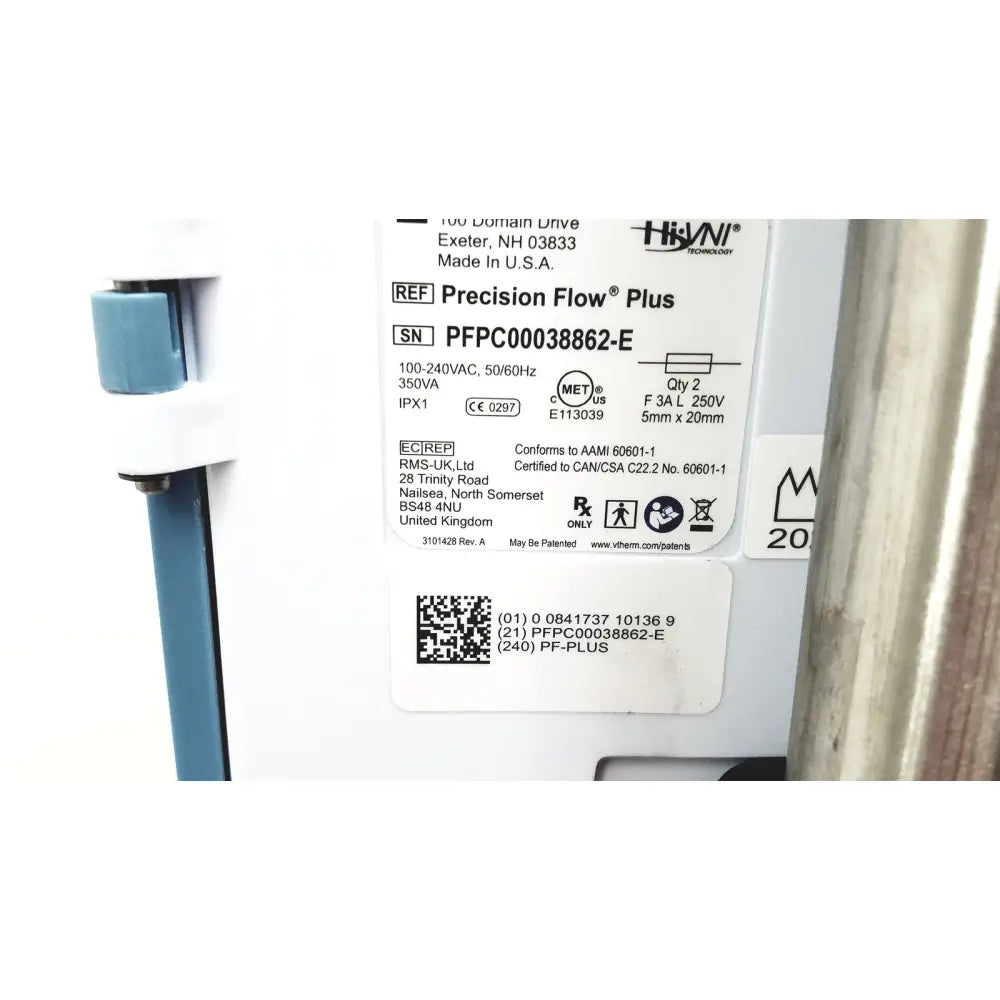 White plastic label with black text and qr code for hivin technology on leica eg1150h embedding center precision flow device