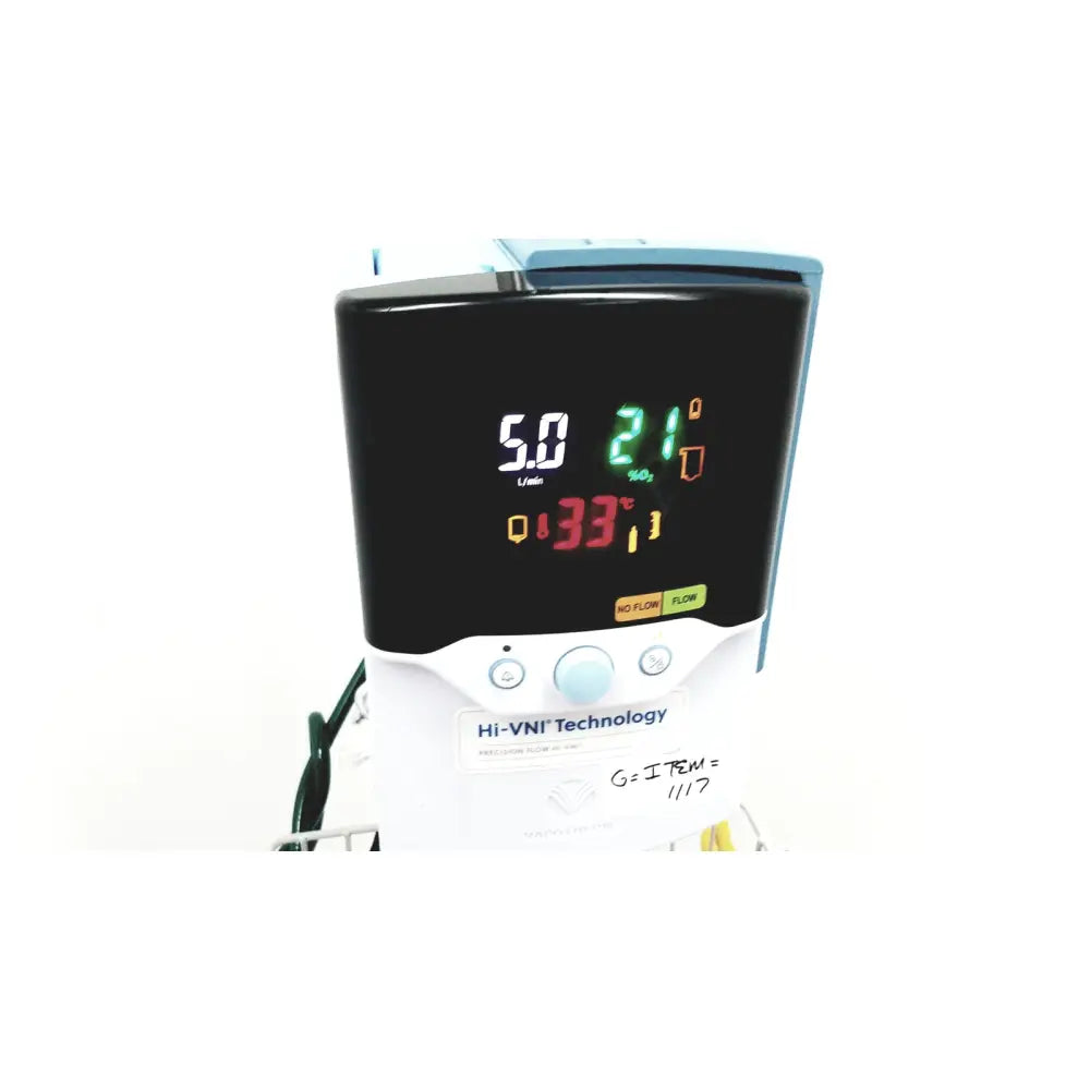 White medical ventilator with black digital display showing vital signs and hi-vni technology in leica eg1150h embedding center