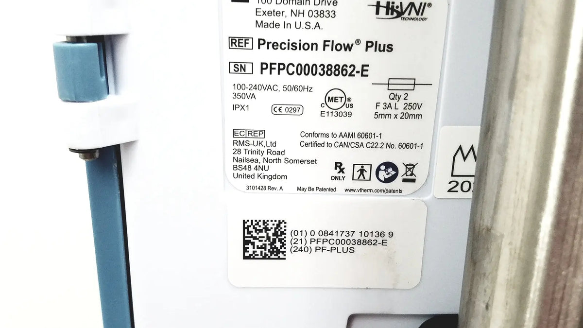White plastic label with black text and qr code for hivin technology on leica eg1150h embedding center precision flow device