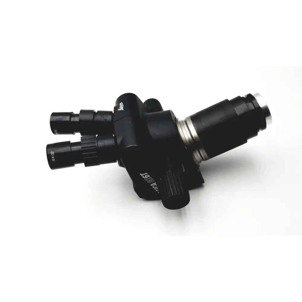 Black Leica GZ6T stereo zoom surgical microscope with metallic accents and labeled objective lenses for precision use