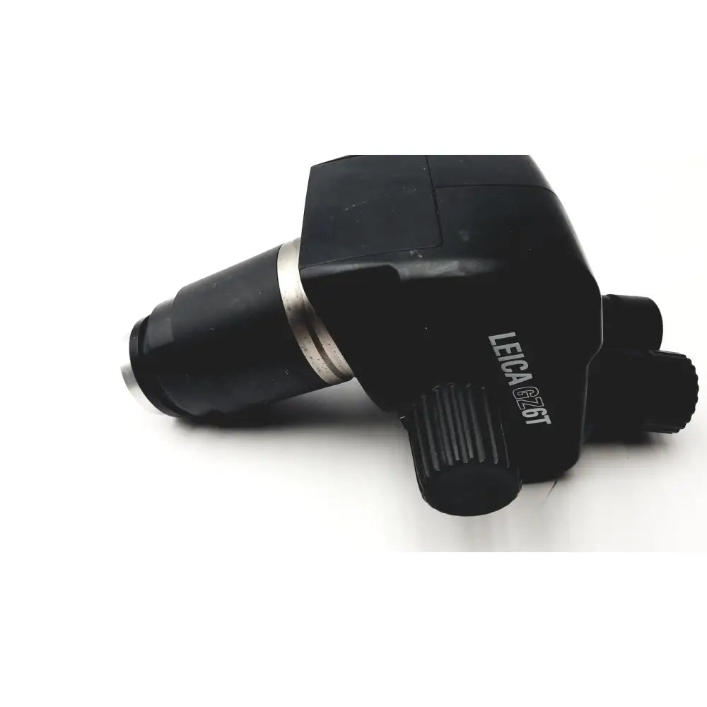 Black leica gz6t stereo zoom microscope objective lens with metallic ring and textured focus knob for precision use