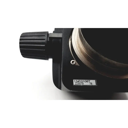 Black plastic microscope objective with metallic ring and textured knob for leica gz6t stereo zoom microscope part