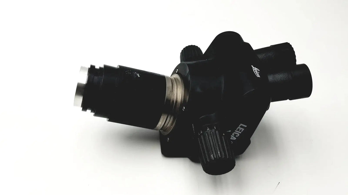 Black leica gz6t stereo zoom microscope with metallic accents and textured knobs for precise laboratory use