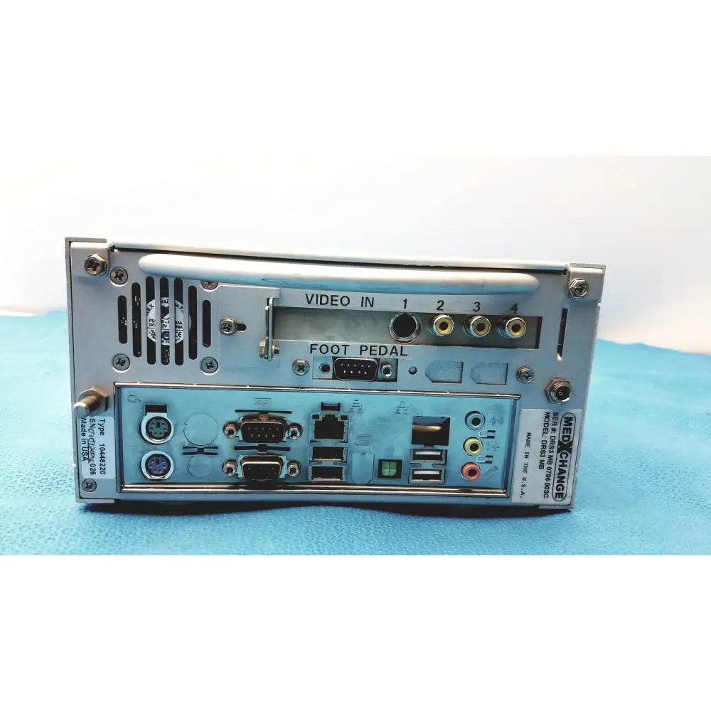 Silver metallic rear panel of leica mdrs4 medical digital recording system with rca usb and dvi ports