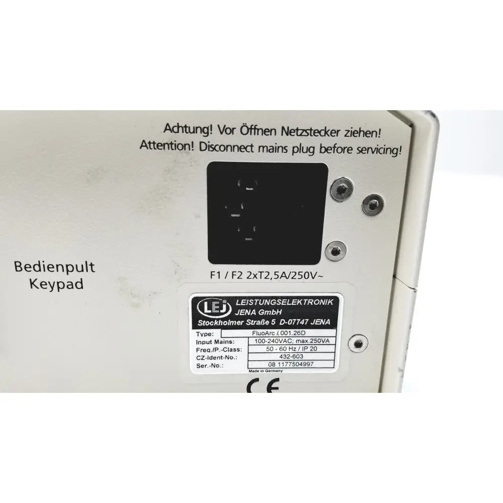 White plastic control panel with black power socket cutout and label from lej leistungselektronik jena for fluoarc lamp power supply