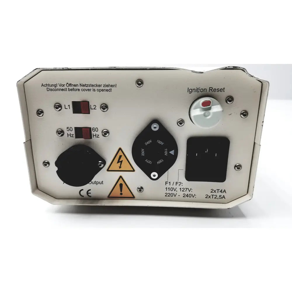 White industrial lej mbq 52ac-z 310.26j power supply ballast with black rotary dial red ignition reset and multiple ports