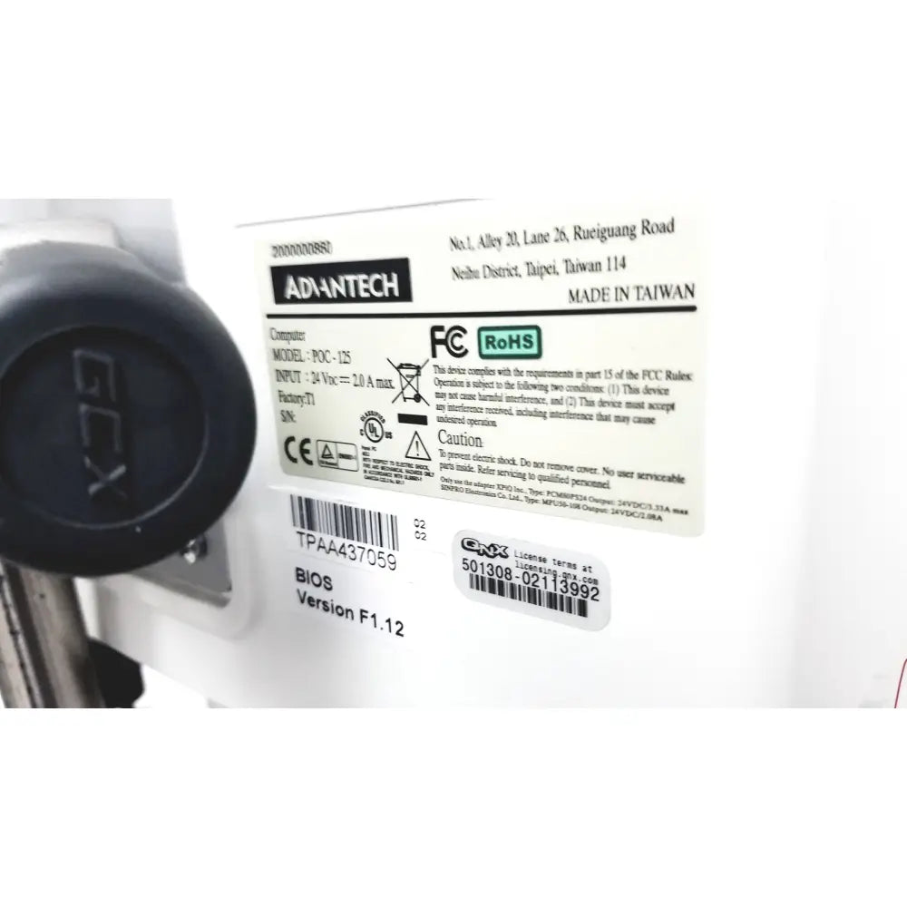 White advantech poc-125 rapid hemodynamic monitor hm-81-01 with black component and power supply labels on the back side