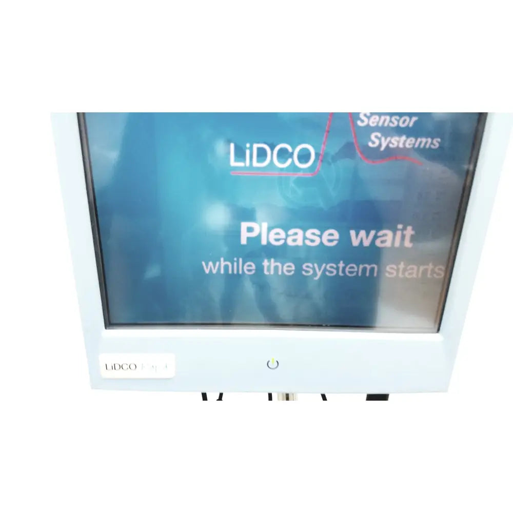 White plastic lidco hm-81-01 rapid hemodynamic monitor with blue screen and power supply on rolling stand