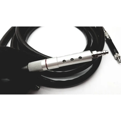 Silver air hose nozzle with textured grip and three vents connected to a coiled black tube for lifedop dooppler reuse medical use