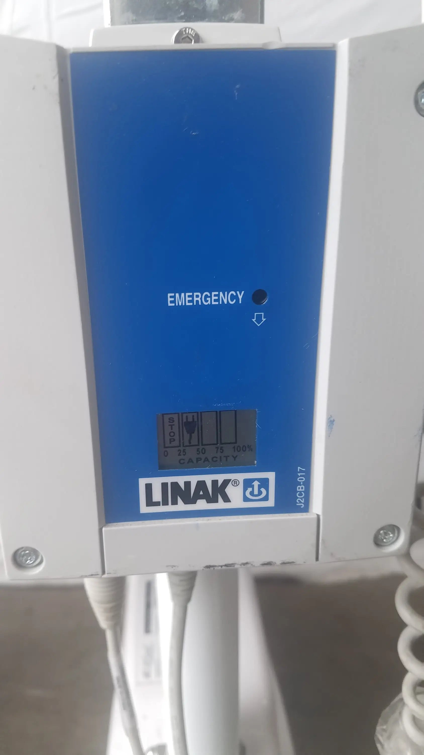 Blue and white linak jceb-017 emergency control panel with capacity indicator display for liftseat ls600 bariatric power toilet lift