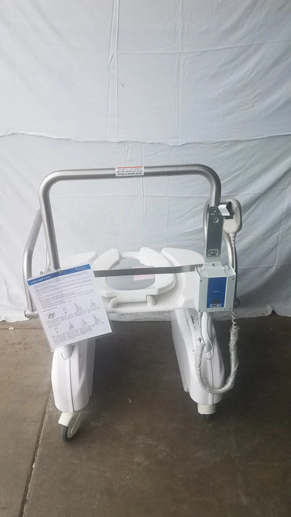 White plastic and metal liftseat ls600 bariatric power toilet lift with built-in toilet seat and wheels for easy transport