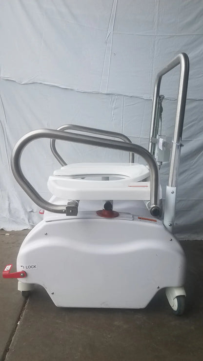 White liftseat ls600 bariatric power toilet lift with stainless steel frame and handlebars on wheeled base