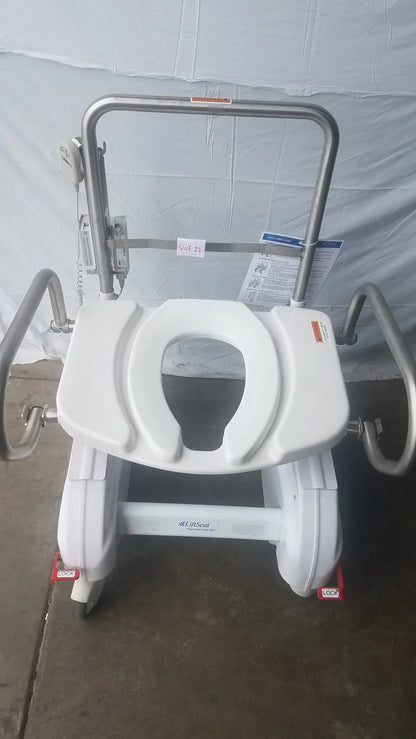 White plastic toilet lift with silver metal frame and wheels for bariatric power toilet lift model ls600