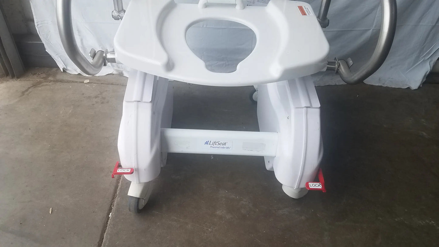 White plastic bariatric power toilet lift seat with silver metal handles and red locking wheels model LS600