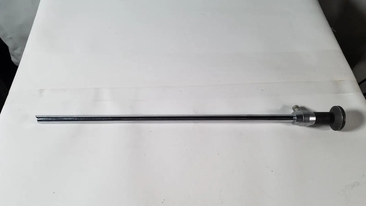 Black and silver Linvatec 757830 degree laparoscope a1261 with cylindrical body and articulated joint handle mechanism