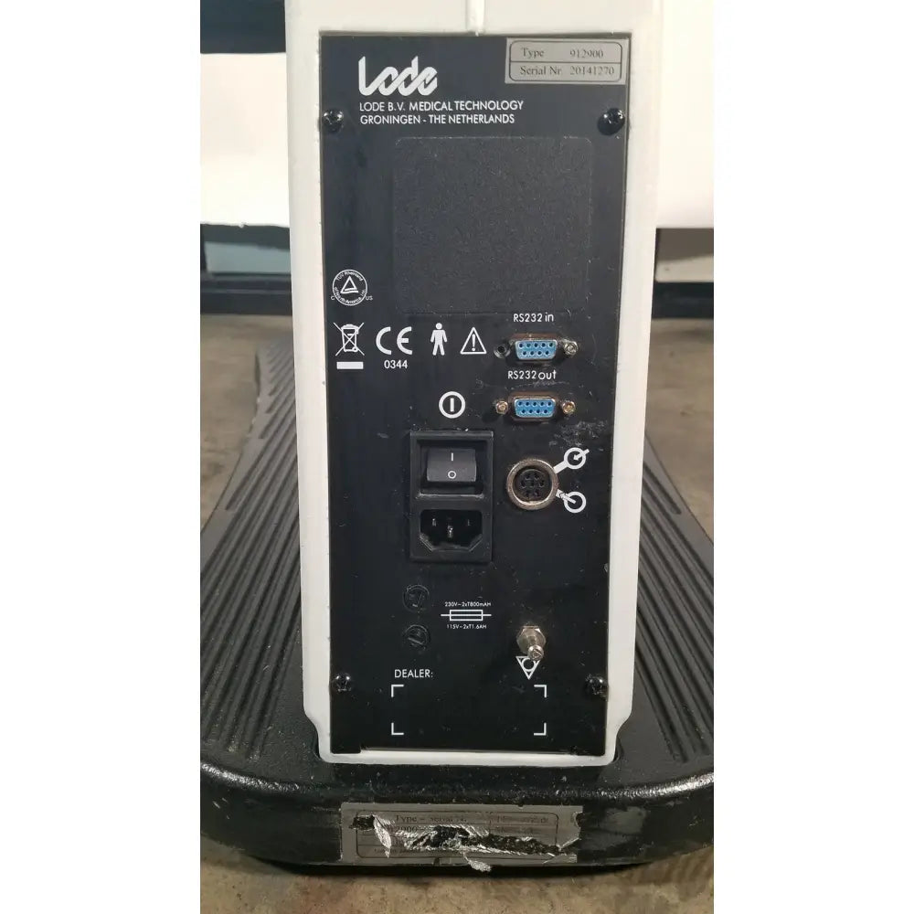 White lode corival 912900 ergometer stress test device rear panel with rs232 ports power input and certification labels