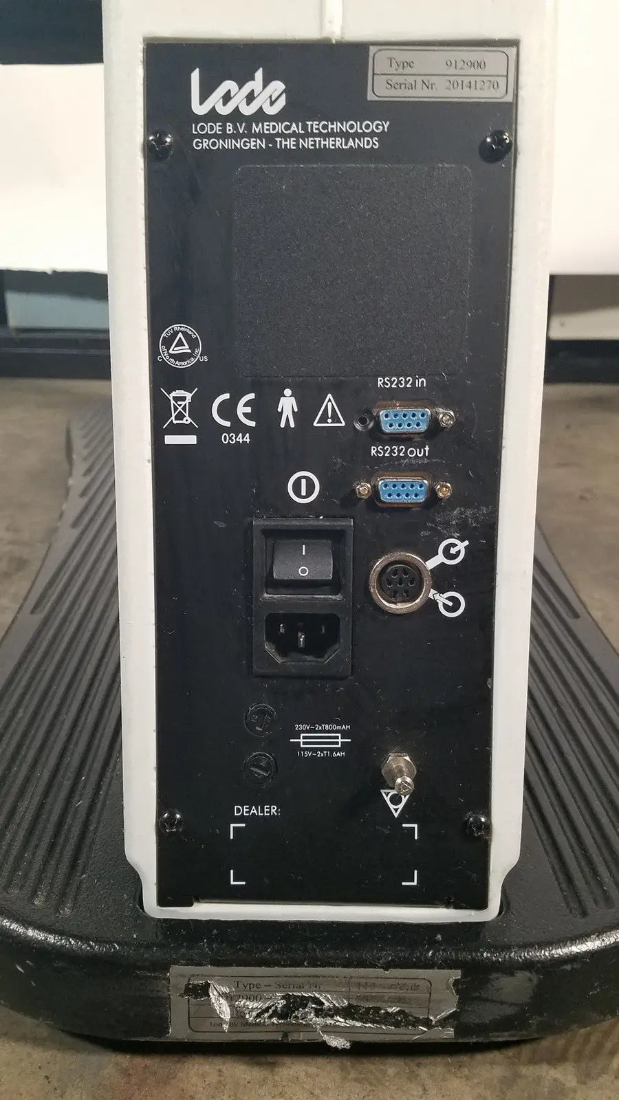White lode corival 912900 ergometer stress test device rear panel with rs232 ports power input and certification labels