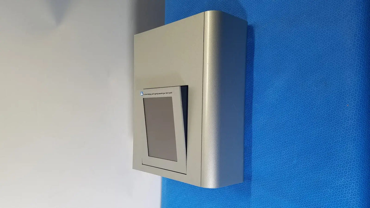 Silver metallic wall-mounted core unit transfection dispenser with rectangular touchscreen for lonza 4d-nucleofector core unit
