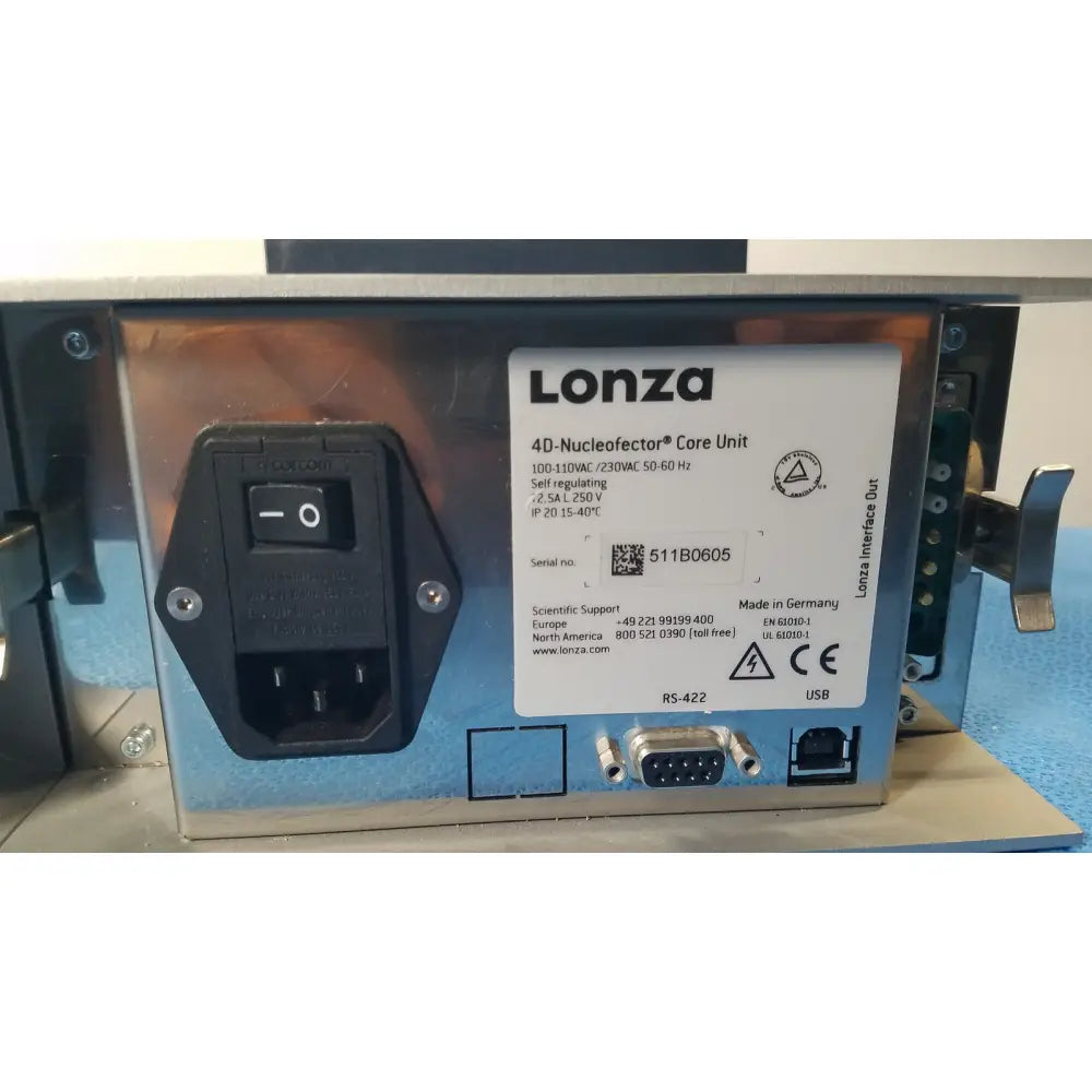Lonza 4D-Nucleofector core unit transfection system with metallic housing and black power switch for unit transfection use