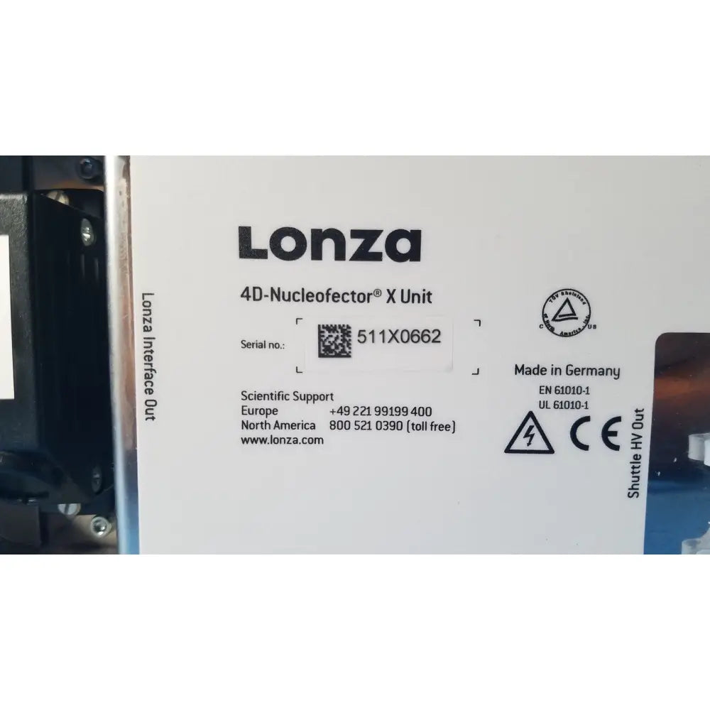 Lonza 4d-nucleofector x unit with white label and certification marks designed for reuse medical applications