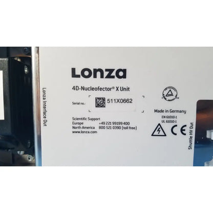 Lonza 4d-nucleofector x unit with white label and certification marks designed for reuse medical applications