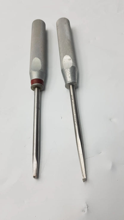 Lot of 2 codman 8710n osteophyte elevators with textured silver handles and red bands for orthopedic surgical use