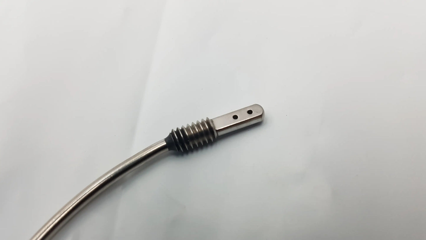 Silver-colored metal gore tunneler cable with threaded connector and two holes featuring slight curve long design