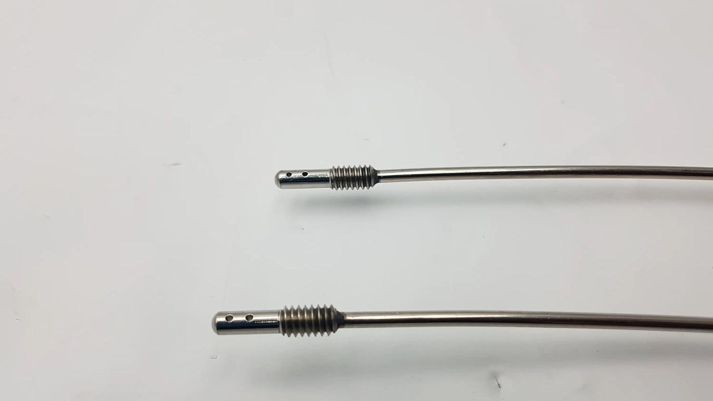 Two slender metallic gore tunnelers with threaded ends featuring slight curve long and full curve long designs