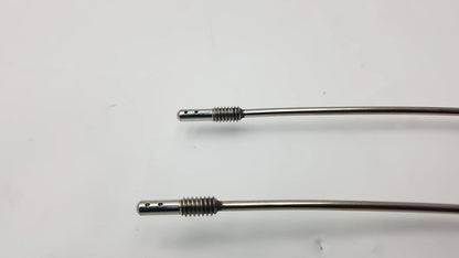 Two slender metallic gore tunnelers with threaded ends featuring slight curve long and full curve long designs