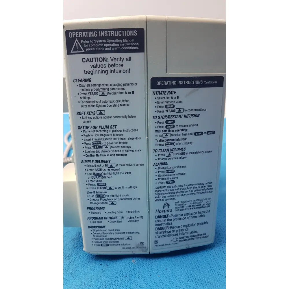 Lot of 2 Hospira Plum A+ Infusion pumps - Volumetric Single-Channel Dual-Line Infusion Pump