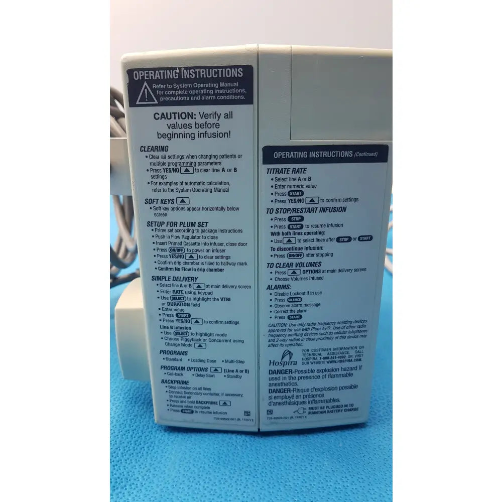 Lot of 2 Hospira Plum A+ Infusion pumps - Volumetric Single-Channel Dual-Line Infusion Pump