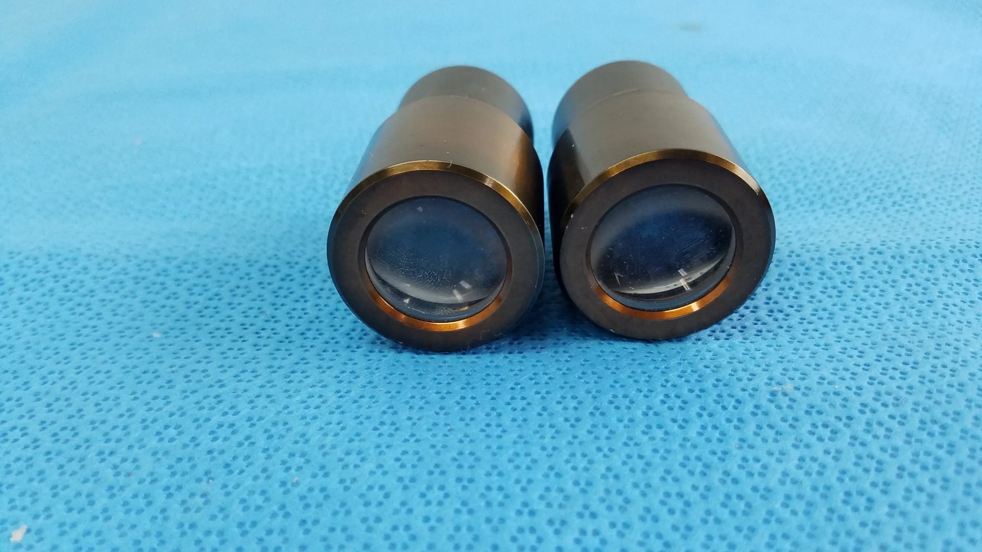 A pair of dark bronze swh10x microscope eyepieces with polished gold-rimmed lenses for precision optical use
