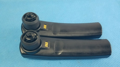 Lot of 2 maico ero scan pro black plastic handheld auditory remote controls with circular tops and yellow indicator lights for hearing screening medical equipment