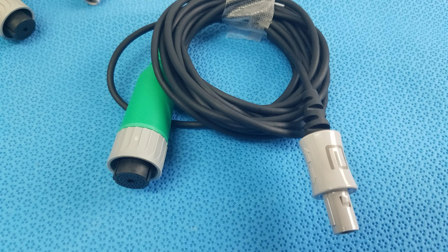 Lot of 2 stryker catheter connector cables black coiled with green gray connector and silver male plug for medical equipment reuse