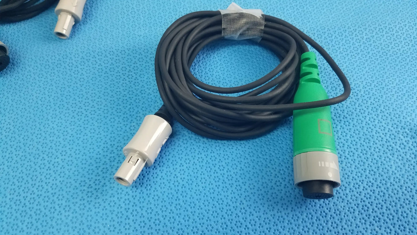 Lot of 2 stryker catheter connector cables black coiled with white and green-gray industrial plugs for medical equipment reuse
